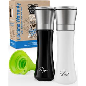 HOME EC Stainless Steel Salt and Pepper Grinder Set of 2 - Adjustable Ceramic Sea Salt Grinder & Pepper Grinder - Glass Salt and Pepper Shakers - Pepper Mill & Salt Mill W/Funnel - Black and White