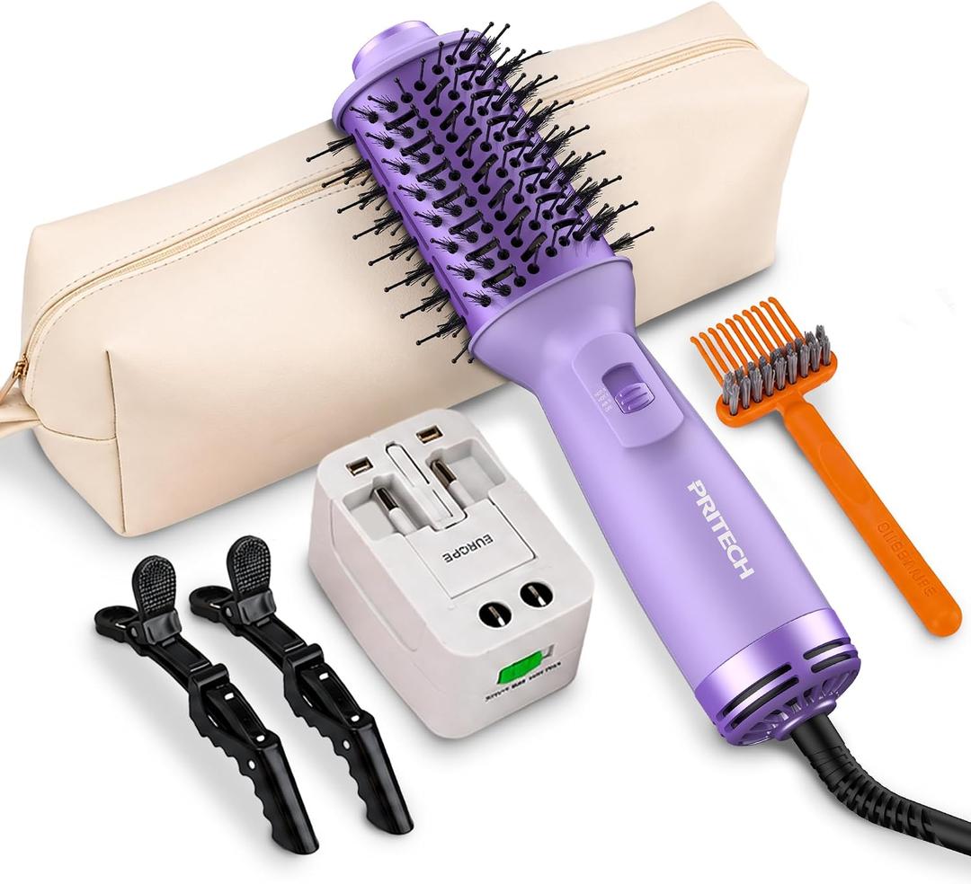 PRITECH Auto Dual Voltage Hair Dryer Brush for Travel,Ionic Hair Styler | 110-240V Mini Hot Air Brush,Blow Dryer Brush in one,Volumizer Straightener Curler,Compact Lightweight Portable,Purple