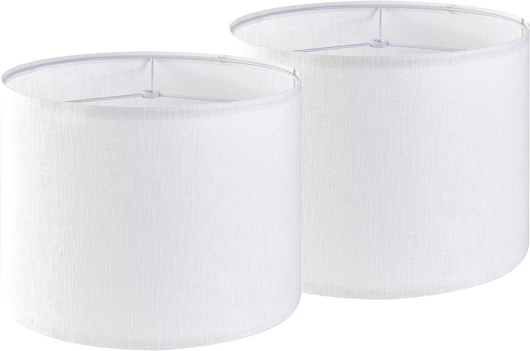 Set of 2 Pure White Linen Drum Lamp Shade 13" Top x 13" Bottom x 10" High (Spider) Contemporary Lamp Shades for Table Lamps & Bedside Lamps Replacement Lampshade - GO&SO - Assembly is Required