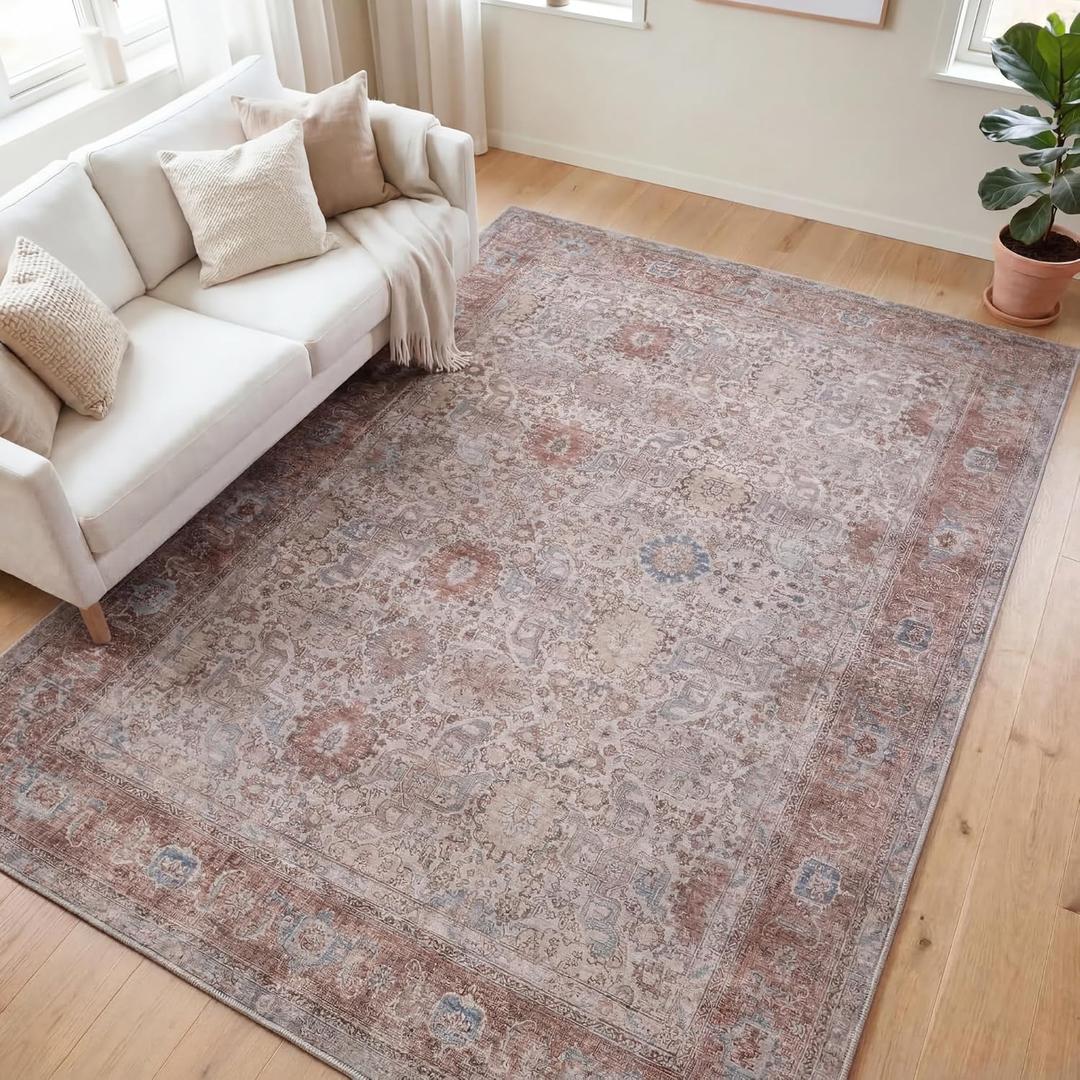Kuden 6x9 Area Rug, Machine Washable Area Rug with Non-Slip Backing, Vintage Style, Soft, Easy Clean, Low Pile Rug for Living Room, Bedroom, Dining Room (Beige / Red)