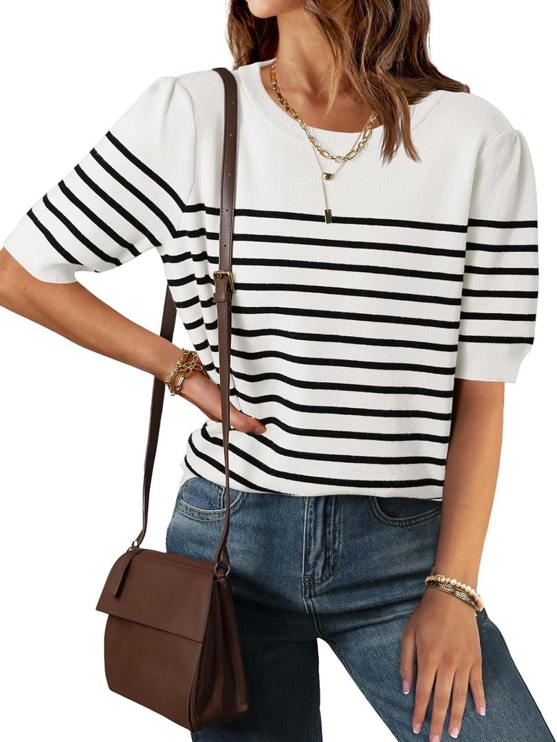 ZESICA Women's Casual Striped Tops Short Sleeve Crew Neck Ribbed Knit T Shirts Comfy Loose Basic Pullover Sweater (Medium)