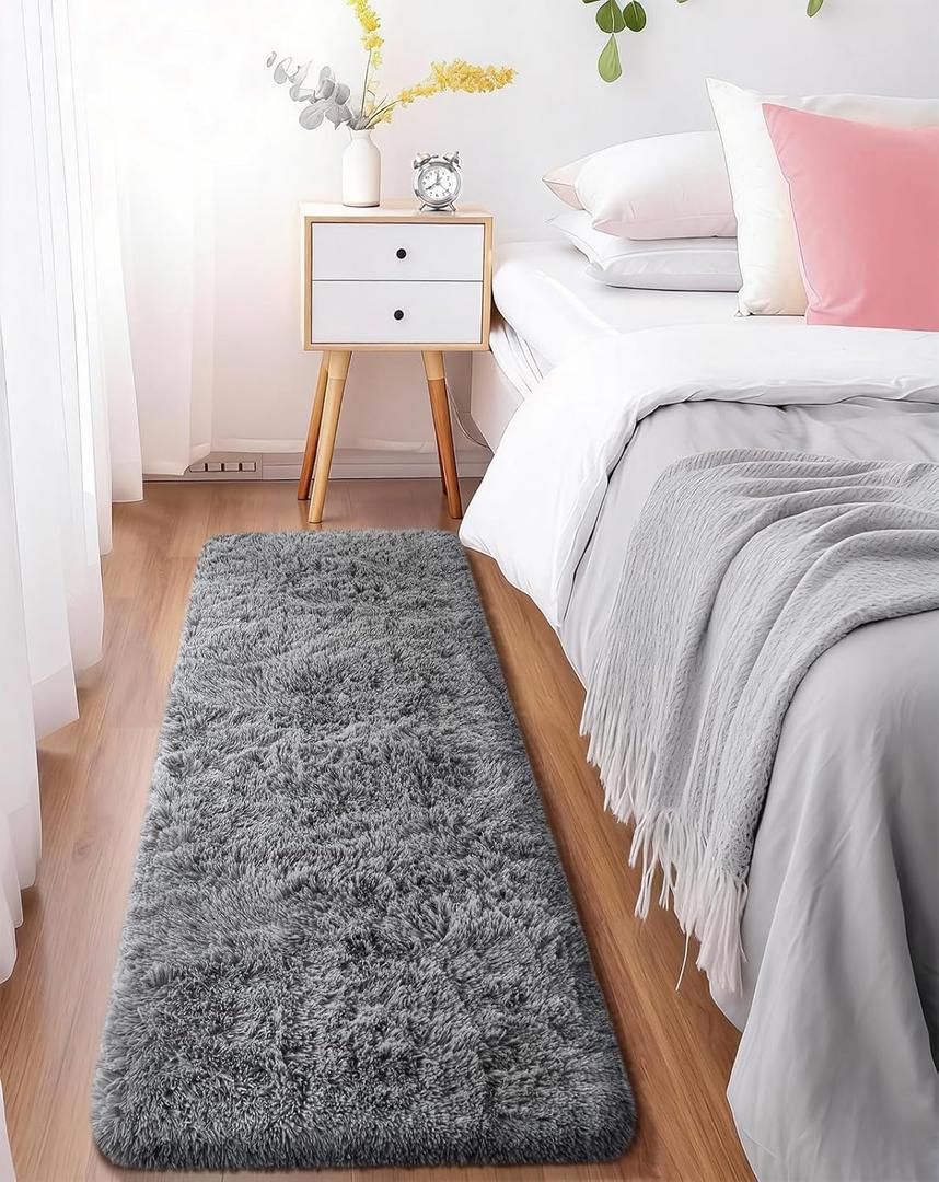 Ophanie Runner Rug for Hallway, 2x5 Upgrade Non-Slip Fluffy Soft Bedside Rugs, Bedroom Living Room Grey Shaggy Gray Carpet for Kids Girls Boys Dorm Nursery Home Decor Aesthetic