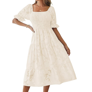 MEROKEETY Womens 2025 Summer Short Puff Sleeve Smocked Square Neck Floral Textured Tiered Midi Dress, Beige, Medium