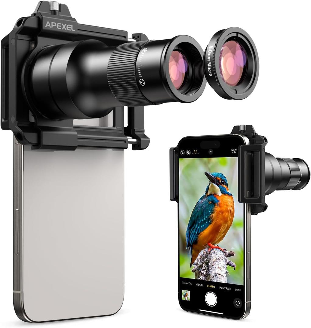 APEXEL 6X Telephoto Lens & 150mm Macro Lens, 2-in-1 Aluminum Phone Camera Lens Kit with Universal Clip. Phone Lens Attachment Fit for iPhone 16/15/14/13, Samsung, Android Phone and Most Smartphone
