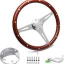 15" Classic Wood Grain Steering Wheel Riveted Light Wood Grip Universal Automotive Steering Wheels Slotted 3 Spoke with Horn Button