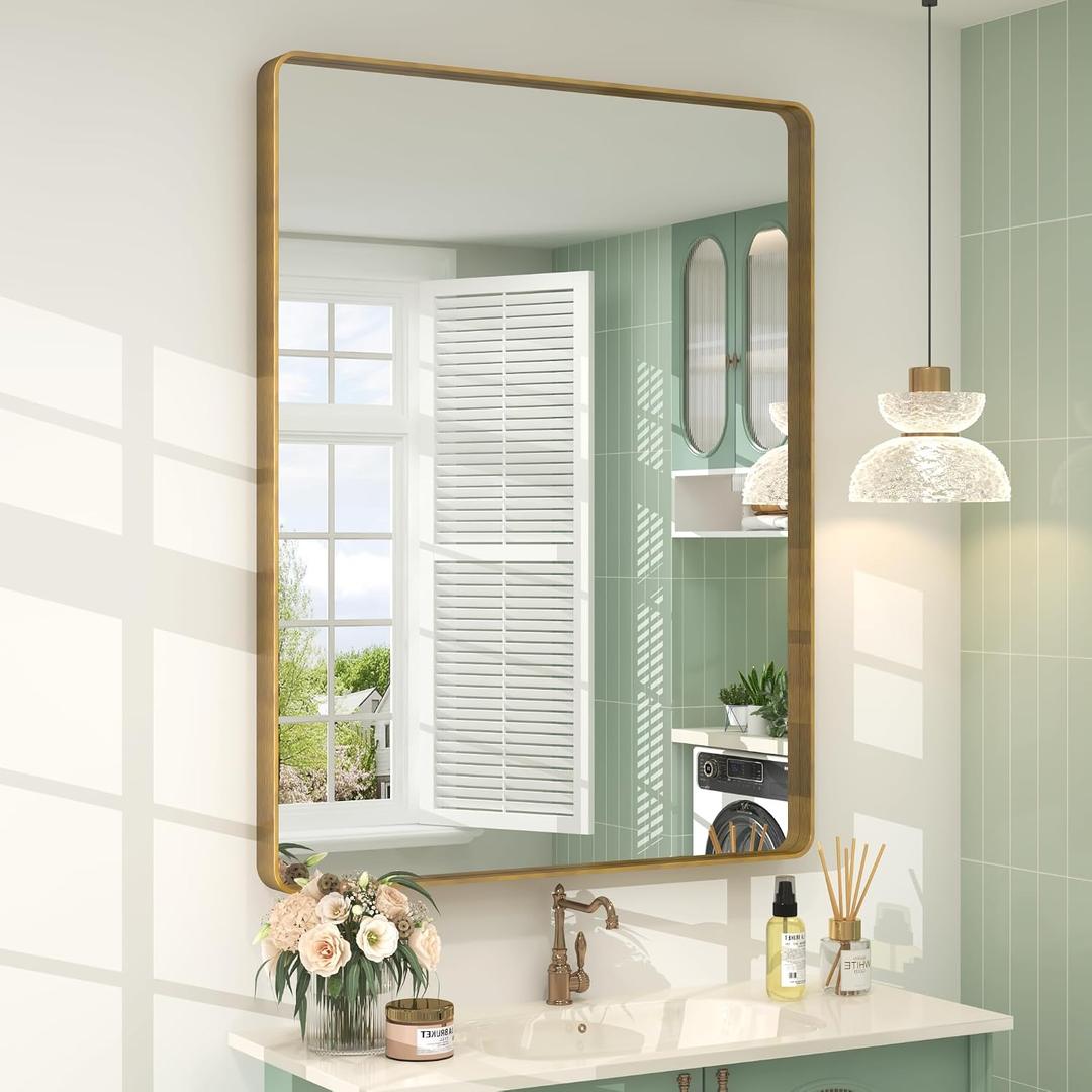 28x36 Gold Framed Mirror for Bathroom, Brushed Gold Mirror with Metal Frame, Modern Rectangle Brass Vanity Mirror for Wall, Shatterproof, Anti-Rust (Horizontal/Vertical)