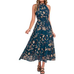 Simplee Womens Summer Halter Wedding Guest Dress Maxi Floral Vacation Boho Sundresses Flowy Formal Long Travel Dresses 2026 (XL)
