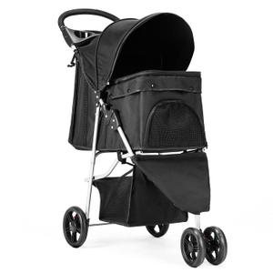 DUMOS 3 Wheels Pet Stroller for Small Dogs and Cats Foldable Dog Stroller with Mesh Windows, Storage Basket & Cup Holder, Lightweight & Durable Pet Carrier for Travel, Outdoor Use Black