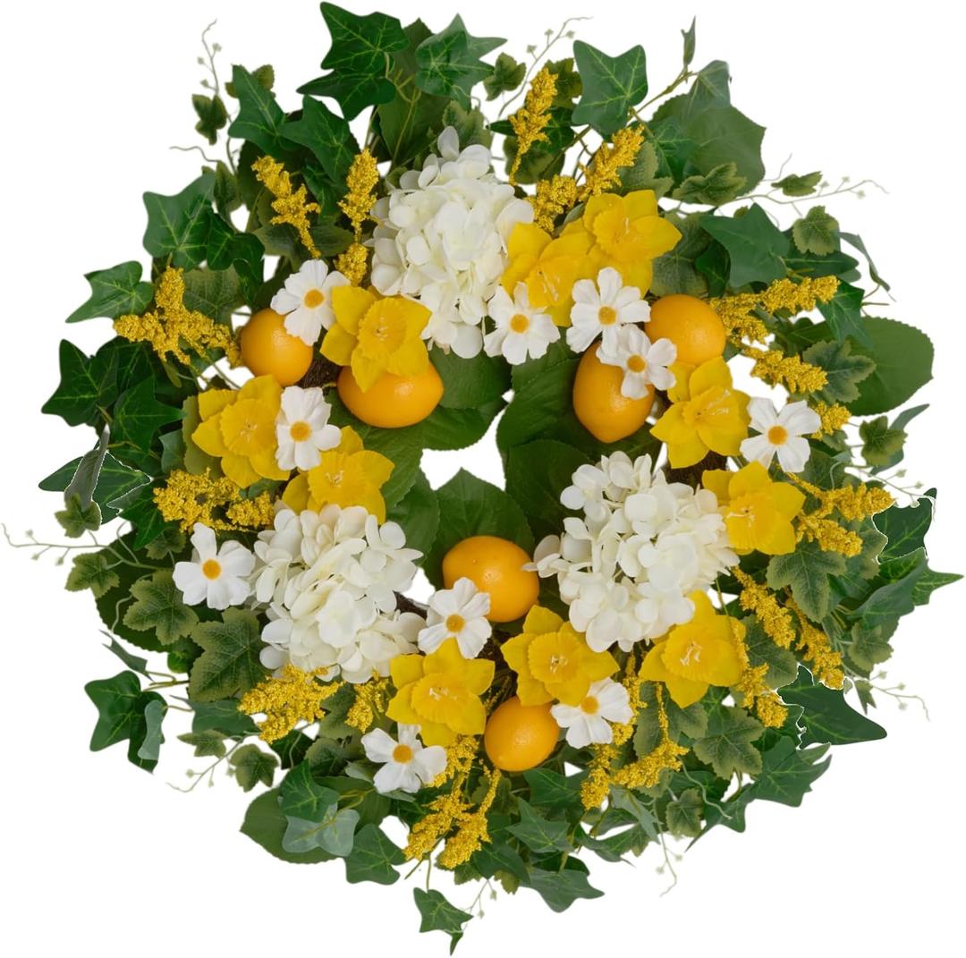 24 Inch Artificial Lemon Wreath for Front Door Yellow Daffodils, White Hydrangeas, Green Leaves with Wheat Stalks Spring Summer Wreath for Wall, Window, Party Decor