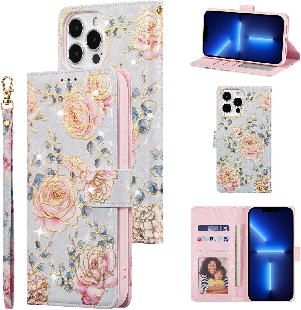 UEEBAI Wallet Case for iPhone 16 Pro Max, PU Leather Phone Cover Kickstand RFID Blocking Flip Case Card Slots Wrist Strap Relief Engraved Pattern Magnetic Closure Flower Folio Wallet, Purple Rose