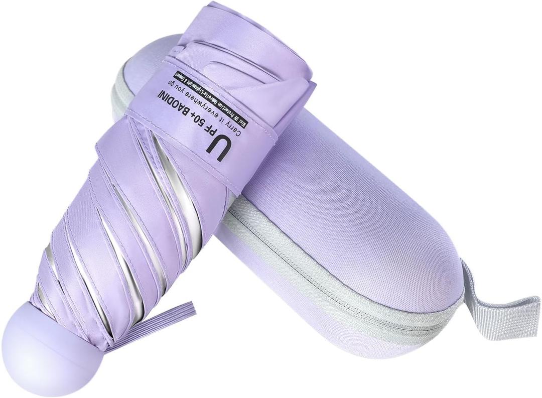 BAODINI Travel Mini Umbrella for Purse With Case Small Compact UV Sun Protection Sun Lightweight Tiny Pocket Umbrella for Women Girls and Men (Purple & Silver)