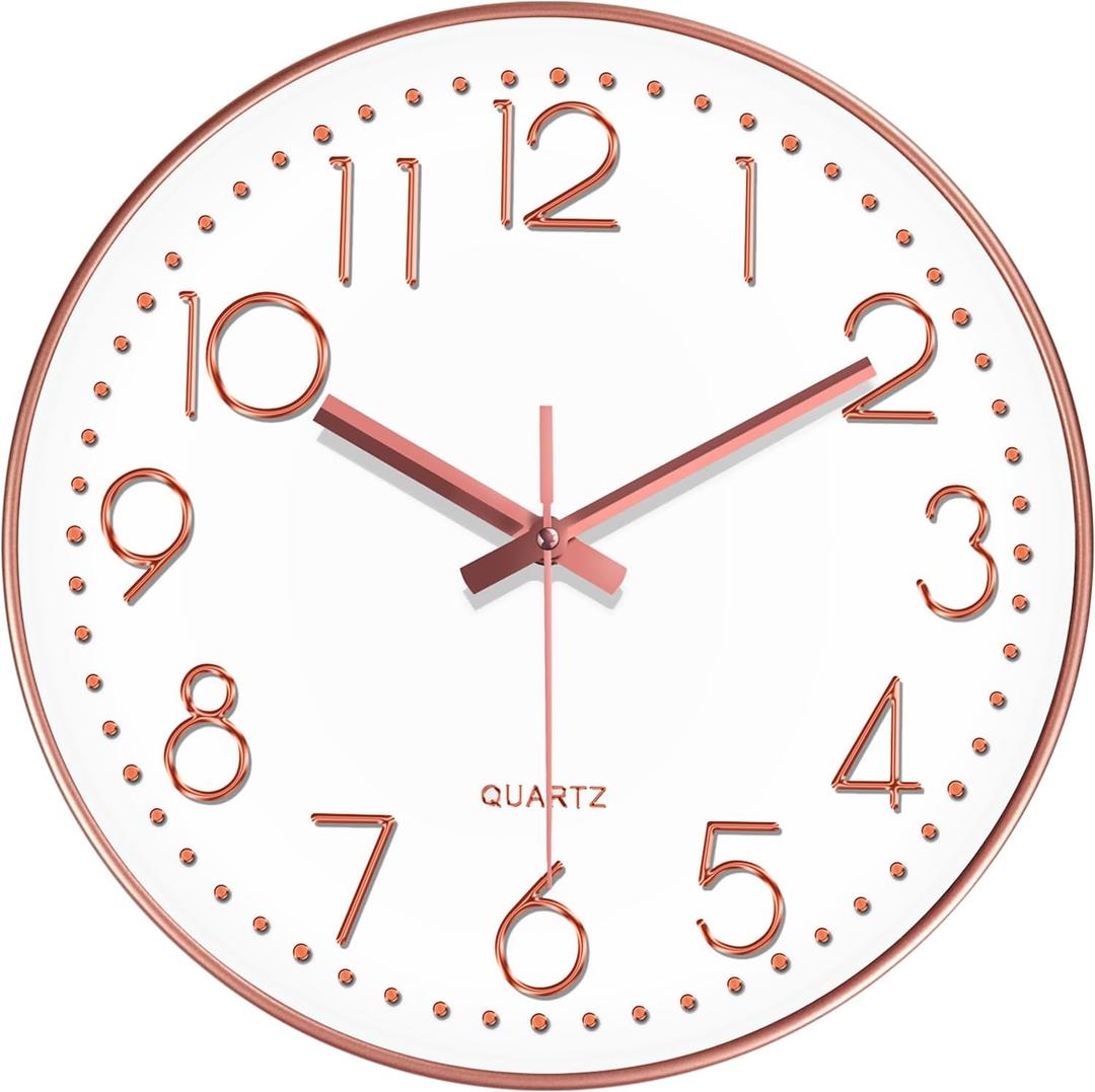 Wall Clock, Silent Wall Clocks Battery Operated 10 Inch- Modern Non Ticking Analog Clock with Large Numerals Tempered Glass Clocks for Bedroom, Living Room, Kitchen, Office Decor, Rose Gold