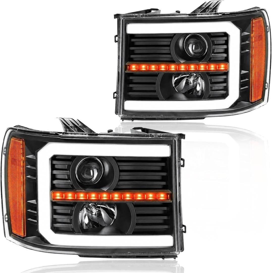 LED DRL Headlight Assembly Fit 2007-2013 GMC Sierra 1500/2007-2014 GMC Sierra 2500 3500(NOT Fit 2007 Classic Style) Projector Headlights Left Right Side Black Housing Amber Reflector