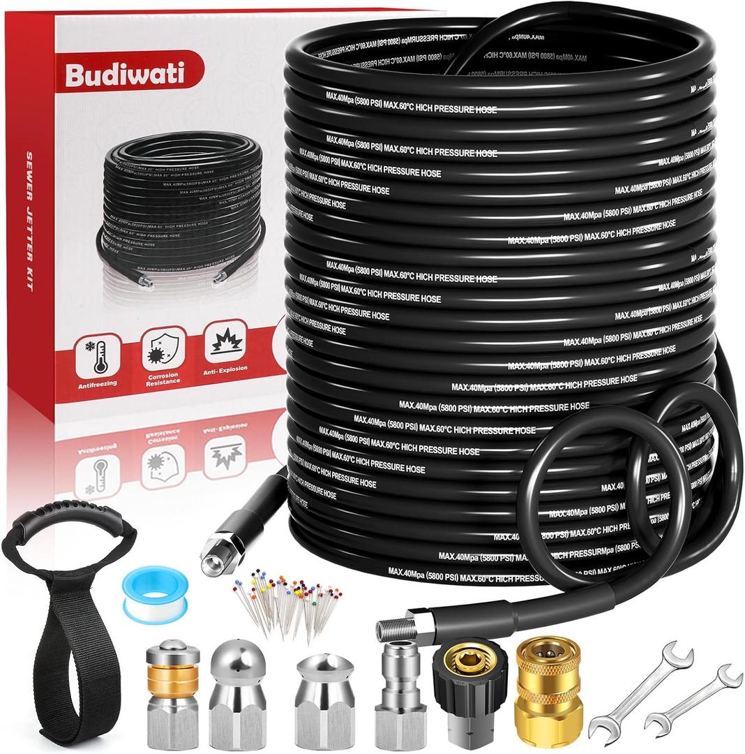150 FT Sewer Jetter Kit for Pressure Washer, 5800 PSI High-Pressure Drain Cleaning Hose, 1/4 Inch NPT with 3 Nozzles, Watertight Tape, Handle Strap & 2 Spanners, Drain Cleaning Solution