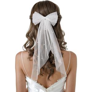 SWEETV Bridal Hair Bow Veil White Bow Clip Bachelorette Party Decorations Pearl Accessories Bride to Be Bridal Shower Gift