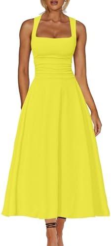 Kaximil Women's Square Neck Corset A Line Maxi Dress Ruffle Ruched Waist Flowy Long Dresses S, Yellow