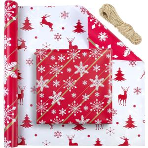 Moukiween Reversible Christmas Wrapping Paper Rolls, Mini Roll 17 Inches x 33 Feet Red and White Snowflakes Reindeer Christmas Wrapping Paper Used for Christmases Party and various Festival Such