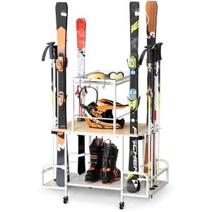 bimiti Freestanding Ski Rack for Garage, 2-Tier Ski Organizer with Storage for 4 Pairs of Skis, Boots, Poles, Goggles & Helmet, Space-Saving Ski Storage Rack for Home