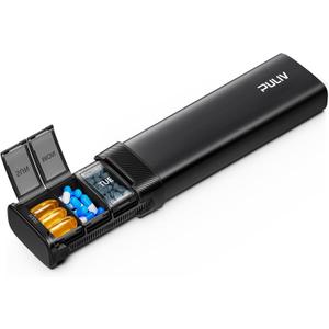 PULIV Metal Weekly Pill Organizer with Sturdy & Sleek Aluminum Alloy Case, Pill Case with Triple Protection Against Spilling, Compact Travel Pill Box 7 Day for Vitamins, Fish Oils, Supplements, Black