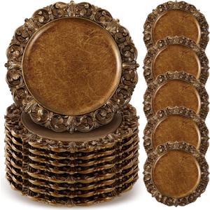 30 Pcs Antique Gold Charger Plates Bulk 13 Inch Embossed Rim Plastic Round Decorative Vintage Plates Charger for Dinner Wedding Party Event Table Setting Decoration (Vintage)