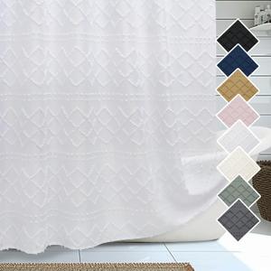 Lecloud White Stall Boho Shower Curtain, Modern Tufted Plaid Striped Narrow Half Size Fabric Shower Curtain, Farmhouse Tufted Textured Shower Curtains for Bathroom, 36" Wx72 L