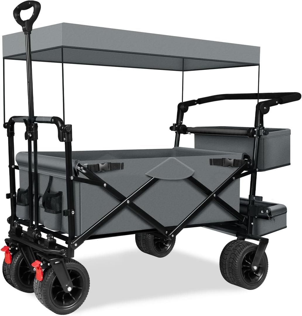TAIFA Collapsible Foldable Wagon Cart with Removable Canopy, Push Pull Utility Beach Wagon with Big Wheels and Brakes for Sand Shopping Camping Outdoors, Gray