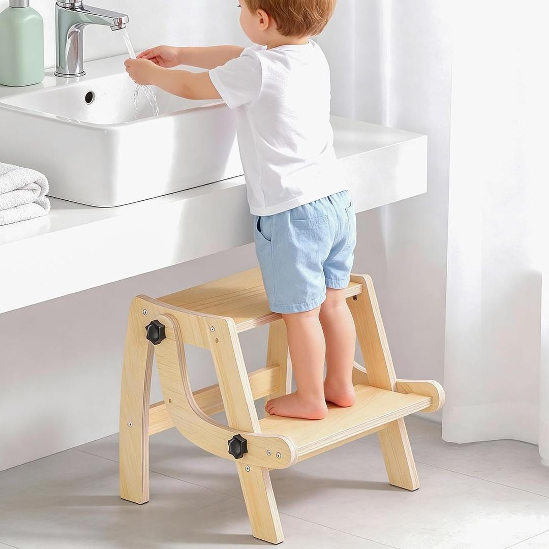Toddler Step Stool, Foldable Step Stool for Kids, Convert to Chair, Toddler Stool for Bathroom Sink & Potty Training, Wooden Step Stools w Non Slip Base for Kitchen, Bedroom