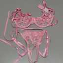 Lilosy Sexy Tie Side Cute Underwire Push Up Strappy Embroidered Mesh Sheer Lingerie Set, S