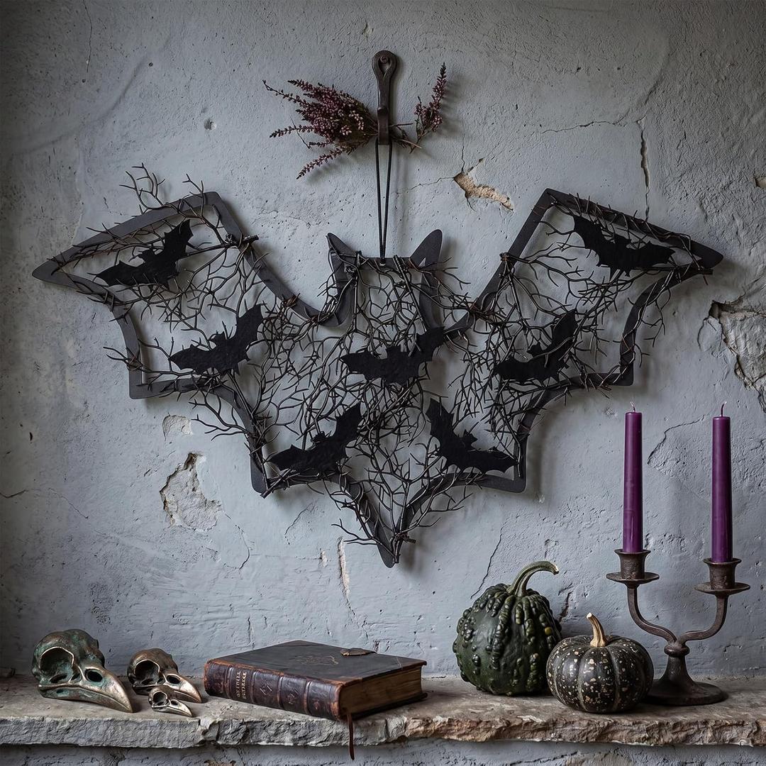 Hotop Bat Shaped Halloween Wreath for Front Door Black Bat Wreath