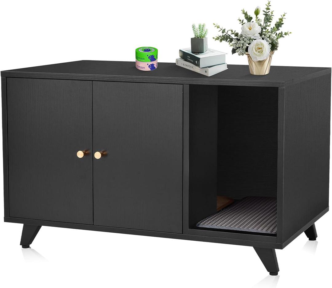 Cat Litter Box Enclosure, Hidden Litter Box Furniture Washroom Storage Cabinet, Modern Cat House with Scratche Pad (Black)