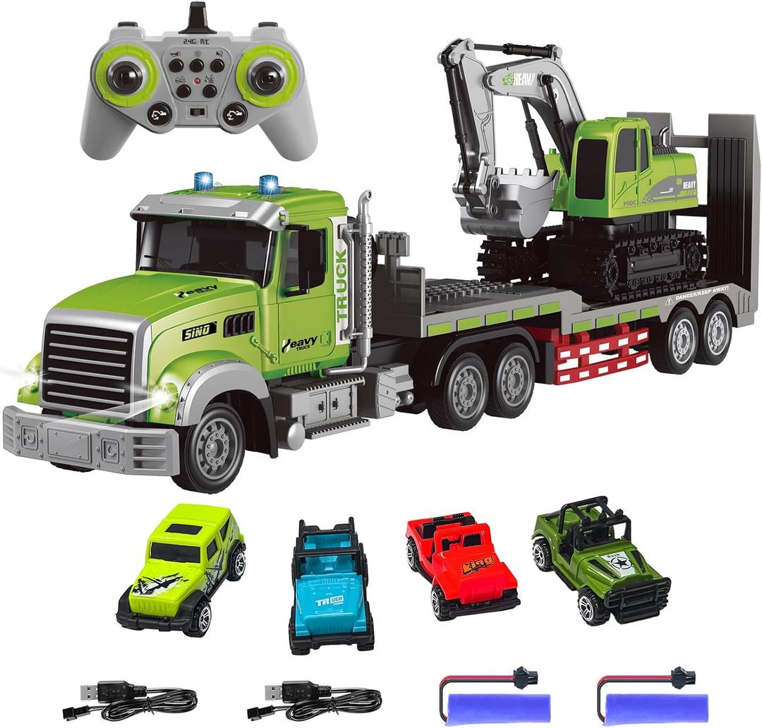 Fistone RC Semi-Trailer Truck & Excavator Toy Set, 1:12 Scale with Sound and Lights, 2.4Ghz Remote Control Flatbed Truck and Excavator Toys for Boys 6-12 Years Old, 23.6 x 4.3 x 7.8 inches