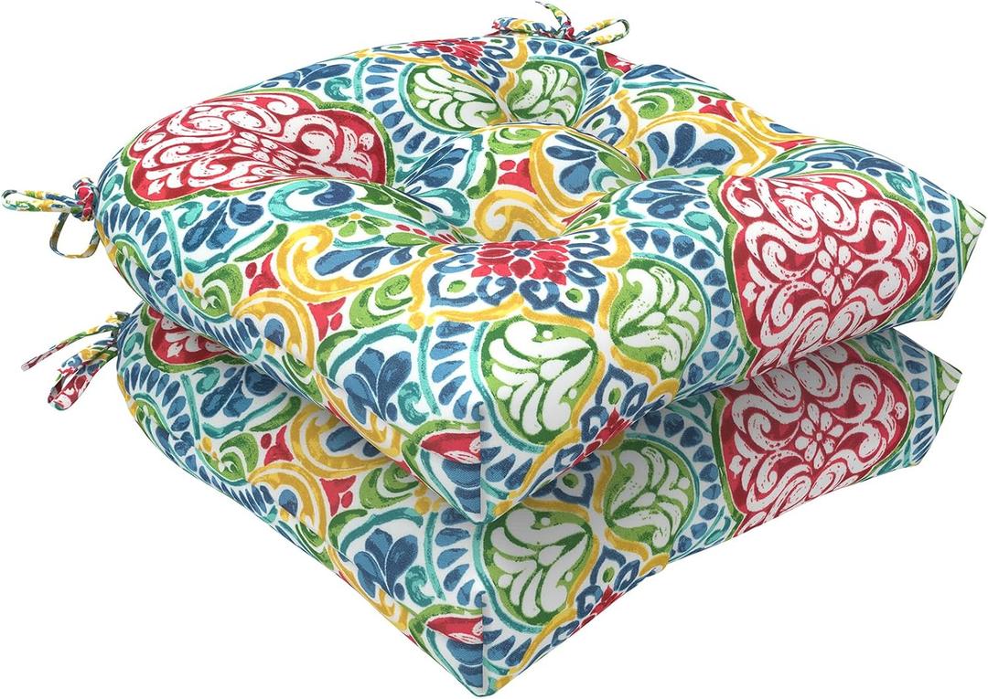 LVTXIII Outdoor Wicker Chair Cushions, 19"x19"x4" Patio Chair Cushions with Ties, Water Repellent Thick Tufted Seat Cushions for Patio Furniture, Set of 2, Damask Red
