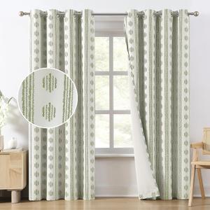 Melodieux Blackout Boho Curtains 96 Inches Long for Bedroom Sage Green on Beige Striped Pattern Cotton Bedroom Curtain Grommet Room Darkening Curtains for Living Room Thermal Insulated 2 Panels