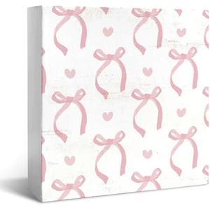 JXREQ Coquette Pink Bow Wall Decor Desk Decorations for Home Bathroom Office Teen Girls Dorm Tabletop, Gifts for Women Teen Girls, Pink Bow Decor Woden Box Sign, 5x5 Inch