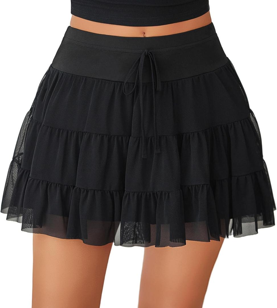 Avidlove Mini Skirt Women's Mesh Ruffle Y2K Skirts Multi-Layer Flowy Lingerie Skirt (Black, L)