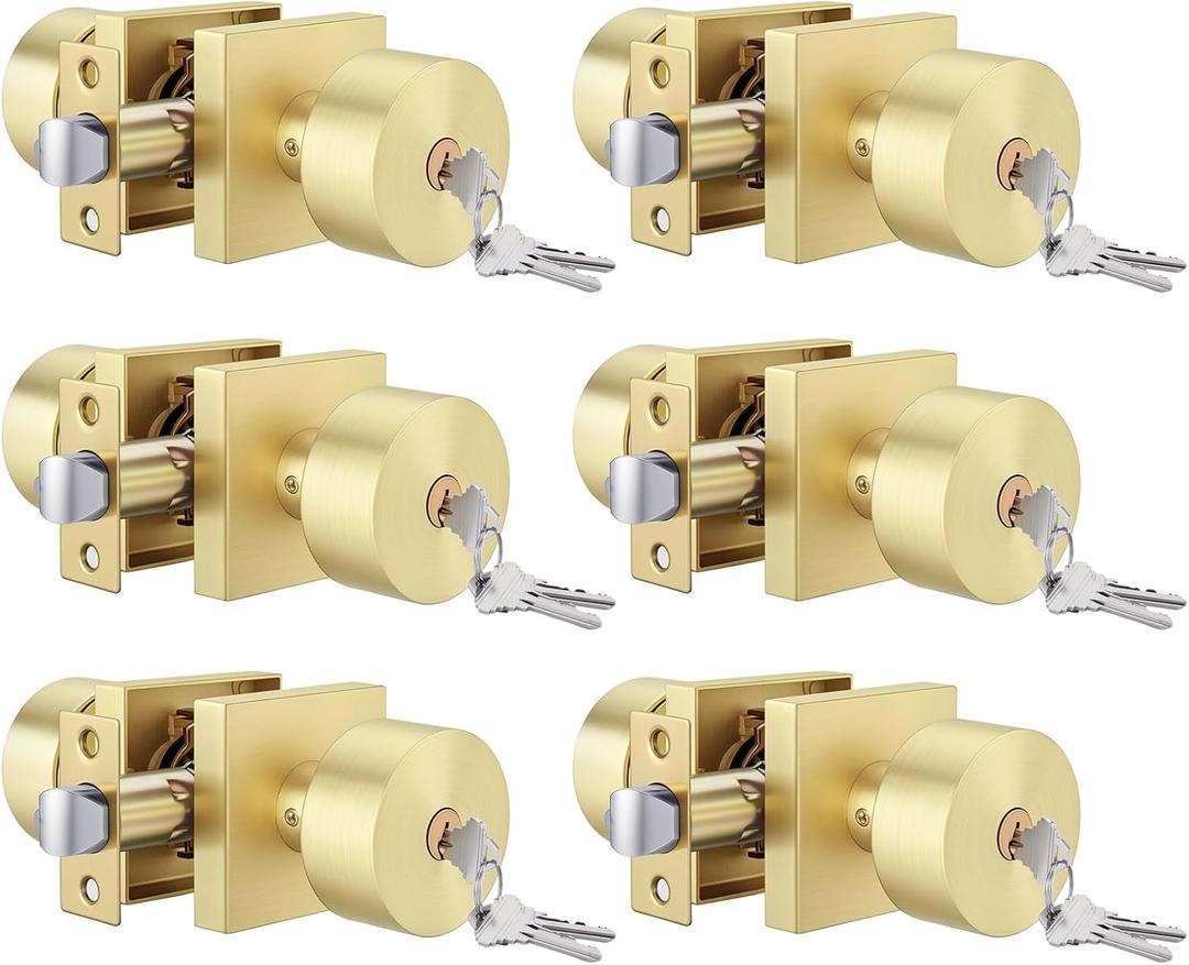 Goldenwarm Gold Door Knobs with Lock and Key, Heavy-Duty Front Door Lockset for Exterior or Interior Use, Secure Brushed Gold Keyed Entry Door Knobd (6 Pack)