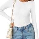 MEROKEETY Women's Long Sleeve Ribbed Bodysuits Crew Neck Slim Body Suits 2026 Knit Sweater Tops (White, Small)