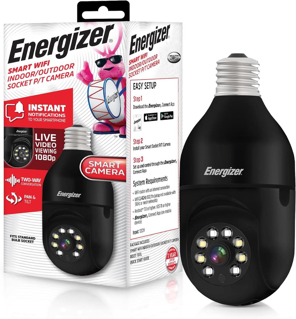 Energizer Connect Smart 1080p HD Outdoor Security Socket Camera with Siren Alarm, Remote Access, Motion Alerts, 2 Way Audio and Night Vision, 2.4GHz Wi-Fi, Black