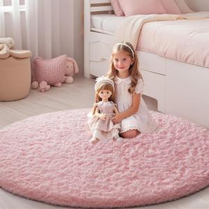 Ophanie Pink Rug for Bedroom Girls, Kids Fluffy Kawaii Fuzzy Furry Shag Area Rug, Cute Plush Soft Shaggy Bedside Round Rugs 4Ft, Indoor Circle Carpet for Teen Nursery Dorm Home Room Decor Aesthetic