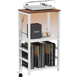 End Table with LED Light,Record Player Stand with Albums Storage,Vinyl Records Storage,Turntable Stand Side Table for Music Room Studio Living Room Bedroom-White