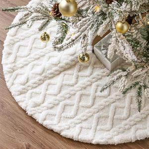Faux Fur Christmas Tree Skirt: 36 Inch White Plush Faux Fur Cover with Crossed Diamond Textured Pattern, Rustic Merry Home Decor