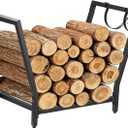 Firewood Rack for Indoor Outdoor Usage, Trapezoid Firewood Holder with 2 Hanging Hooks, Heavy Duty Wood Rack for Outdoor Patio, Black