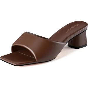 MIRAAZZURRA Heel Mules for Woman Square Open Toe Chunky Block Short Low Heel Slip on Heeled Sandals Casual Comfort Party Shoes (Brown,Size 6)