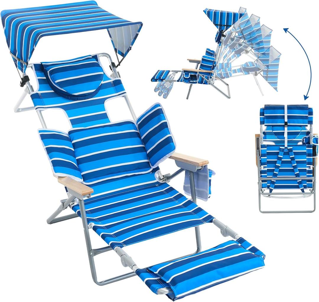 Outdoor Sunshade Backpack Beach Chair with Face Hole, Reclining Lounge Chair with Footrest, 5-Position Foldable Camping Chair with Towel Bar, Cup and Phone Holder for Sand Pool Lawn (Blue/White) (Blue and White Stripe)