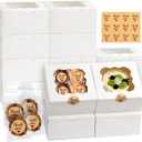 12 Pcs Cookie Boxes with Window, 6x6x3 Inches White Bakery Boxes, Treat Boxes with 50 Pcs Cookie Bags and 12 Pcs Stickers, for Dessert Pastry Chocolate Strawberries Macarons Donut Cupcake