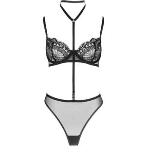 Women's Lingerie 3 Piece Garter Lingerie Bra and Panty Sets with Halter for women (Black, M)