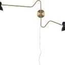 Black and Gold Plug in Wall Sconce, 2-Light Swing Arms Wall Lamp with Plug Cord Big Wall Mount Lighting Fixture for Living Room Bedroom, 26 x 17 x 8.6 inches
