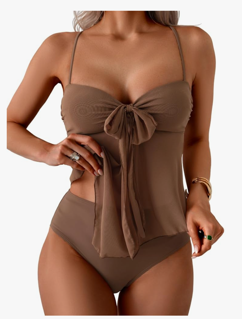 B2prity Womens Mesh Tankini Swimsuits Flowy Two Piece Bathing Suit V Neck Tie Knot Swim Top with High Waisted Bottom, Size: 2XL
