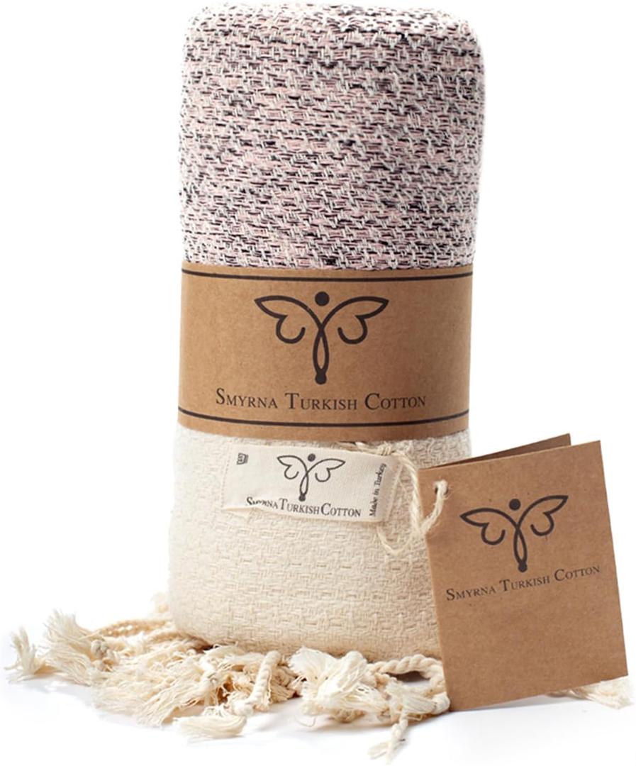SMYRNA TURKISH COTTON Throw Blanket Vintage Series, Outdoor Blankets, Throws and Blankets for Couch, Sofa, Bed, Chair, Beach Picnic, Travel Boho Turkish Blanket Throw (Blush Pink, 50"x60")