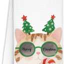 WUCHJ Christmas Cat Kitchen Towels, Retro Christmas Cat Candy Cane Hand Towels for Bathroom, Cats Lover Mom Lady Gifts, Xmas Cute Kitty Kitten Decorative Dish Tea Towel, 16x24 Inch